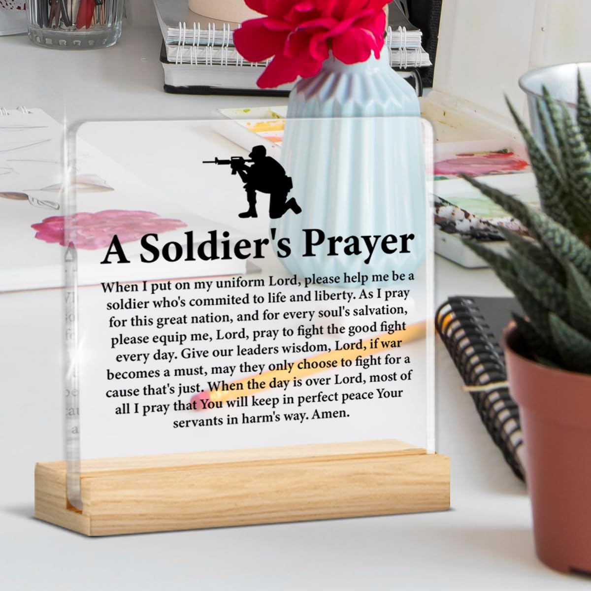 Army Gifts for Men, Religious Deployment Gift for Army Navy Air Force Soldier, a Soldier's Prayer Acrylic Sign Home Office Desk Decor