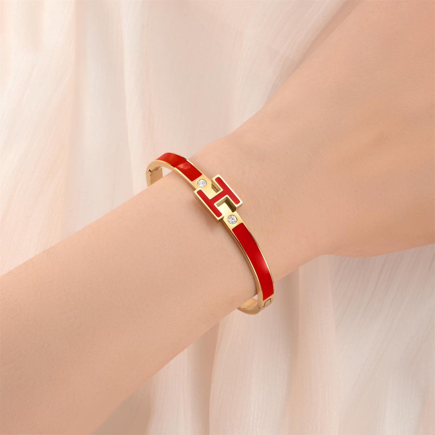 Gold Bracelets for Women, H Bangle Bracelet, Dainty 18K Gold Plated Stainless Steel Enamel Bracelet for Everyday, Work, Party, Stackable Gift for Mom, Wife, Girlfriend