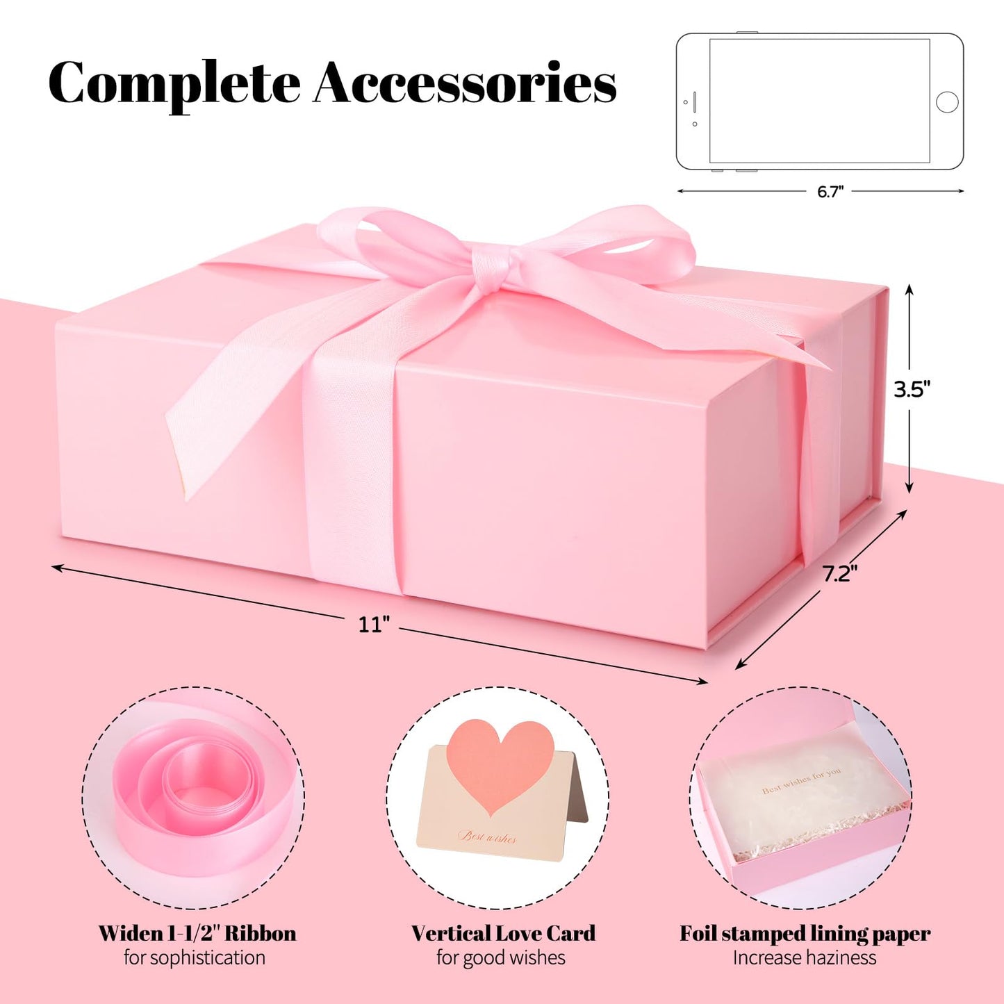 Pink Gift Box 11’’x7.2”x3.5”, Glossy Magnetic Gift Box with Lid for Present Contains 1-1/2’’ Widened Ribbon, Liner Paper, Card for Christmas, Valentine's Day, Wedding, Birthday