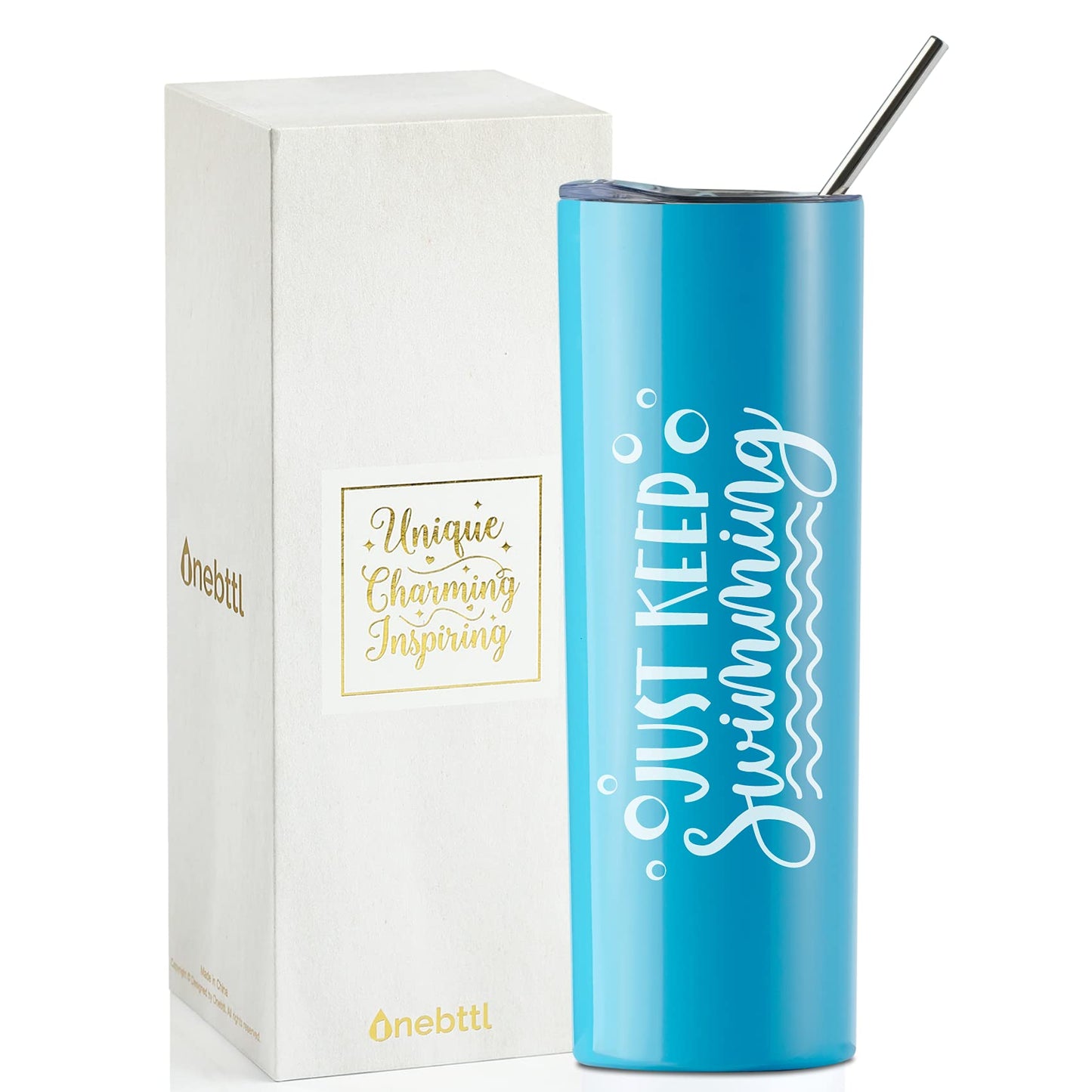 Onebttl Swimming Gifts, Swimmer Stainless Steel 20oz Skinny Tumbler for Women, Men, Teen Girls, Teammate, Coach, Blue - Just Keep Swimming