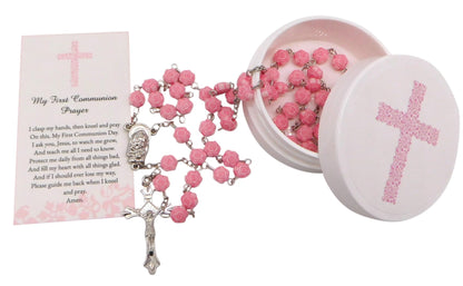Westmon Works First Communion Rosary Set for Girls with Pink Rose Shaped Bead Case and Holy Card