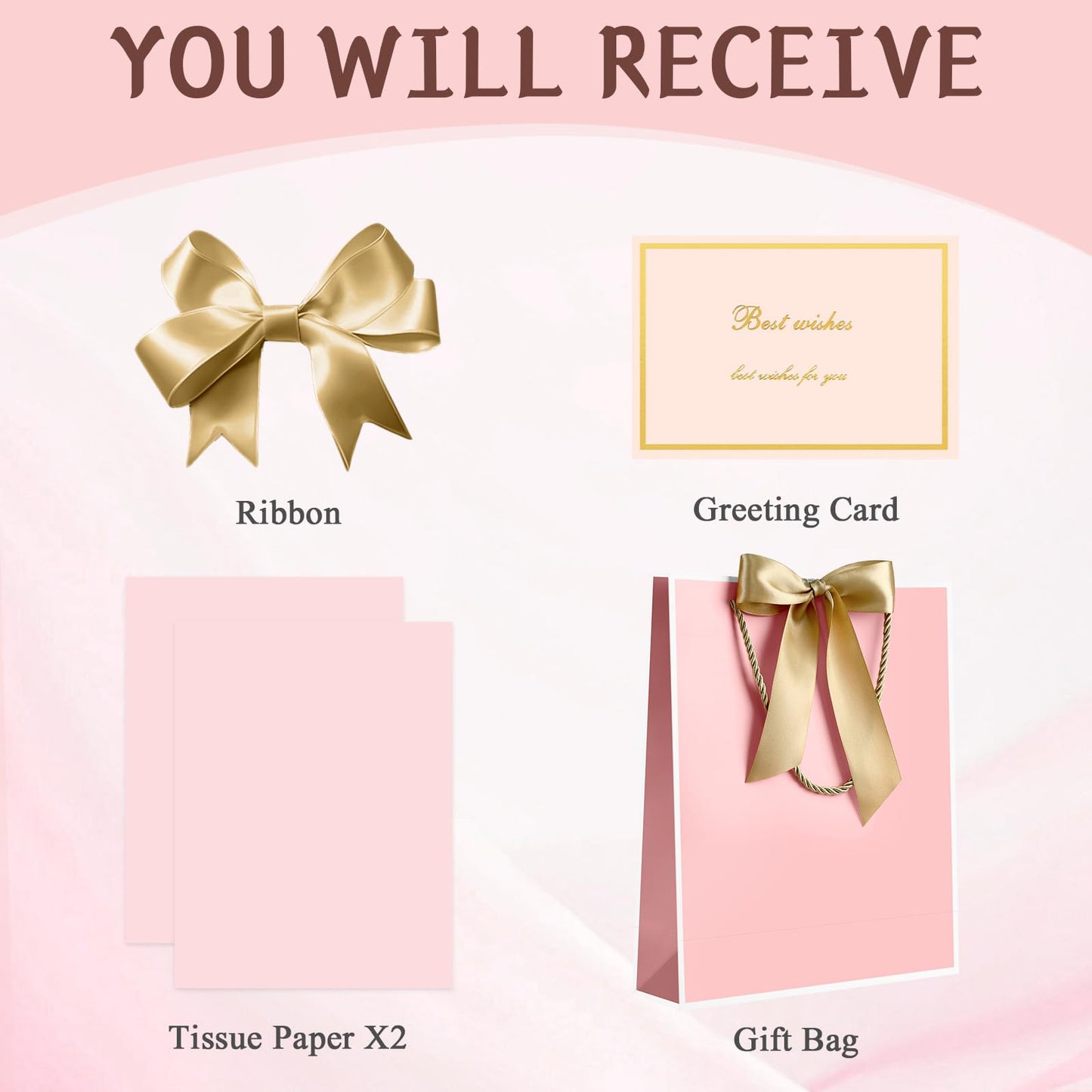 YoungTree Pink Gift Bags with Handles, 13" Medium Gift Bag with 2 Tissue Paper and 1 Card, Present Bag for Graduation Wedding Baby Shower Bridal Shower Birthday Party (Pink-White)