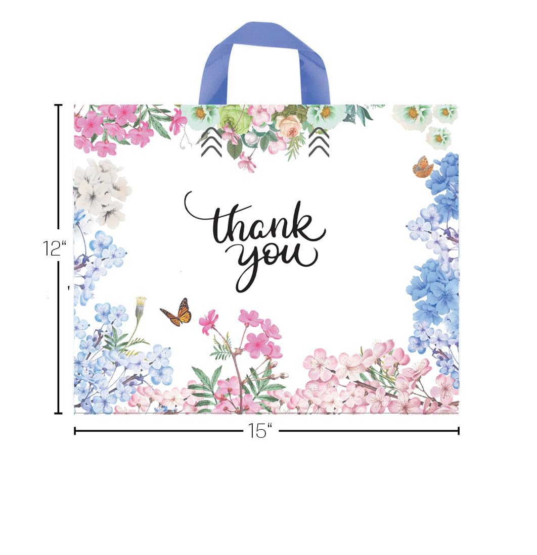 Purple Q Crafts Thank You Bags With Soft Loop Handle for Business Retail, Boutique Bulk 50 Pack 15" W x 12" H Floral Plastic Shopping Bags/Gift Bags Perfect For Mothers Day