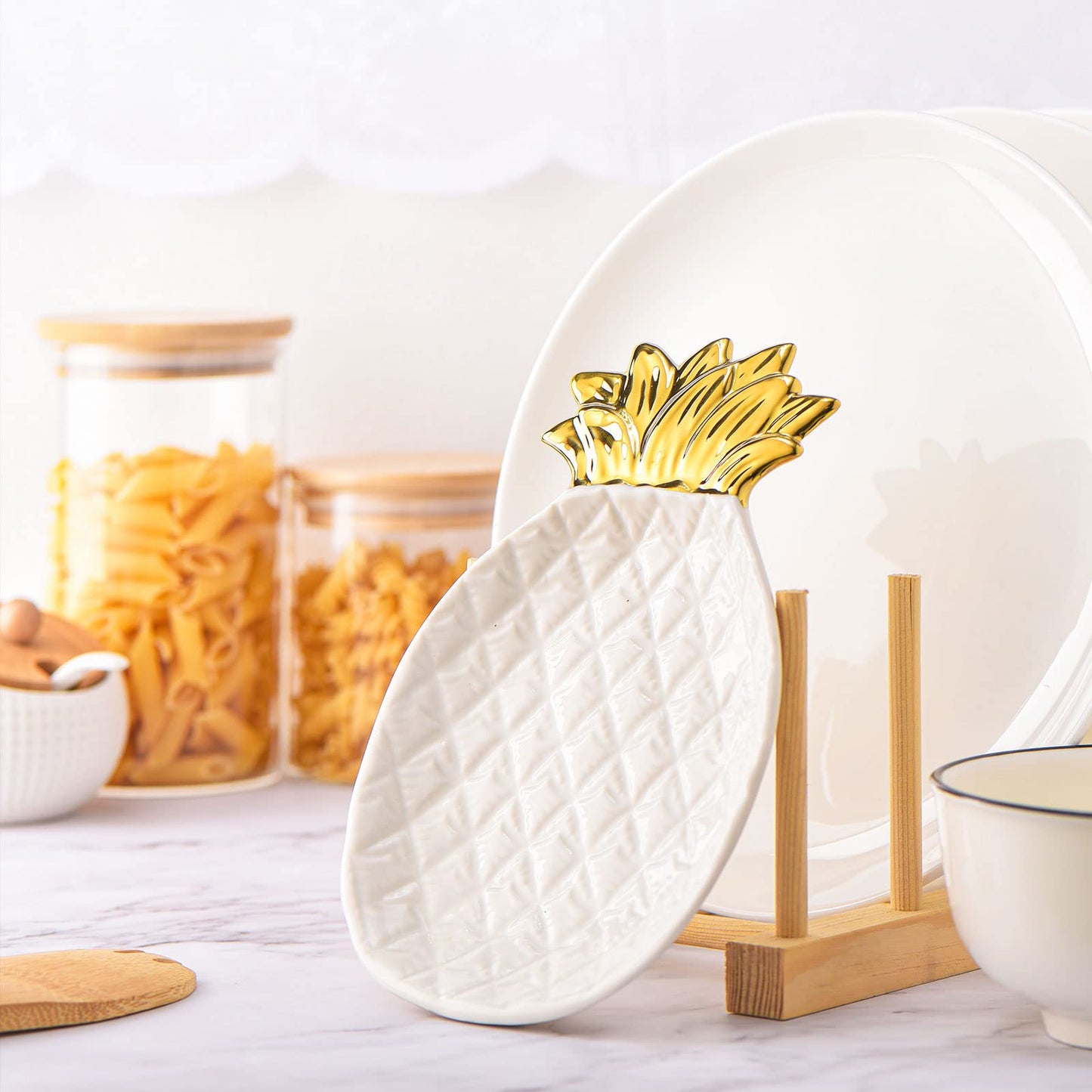 2 Pcs Pineapple Spoon Rest and Spoon Set, Ceramic Farmhouse Utensil Rest for Kitchen Counter Spatula Utensil Holder for Ladles Tong Modern Gift Pineapple Kitchen Decor