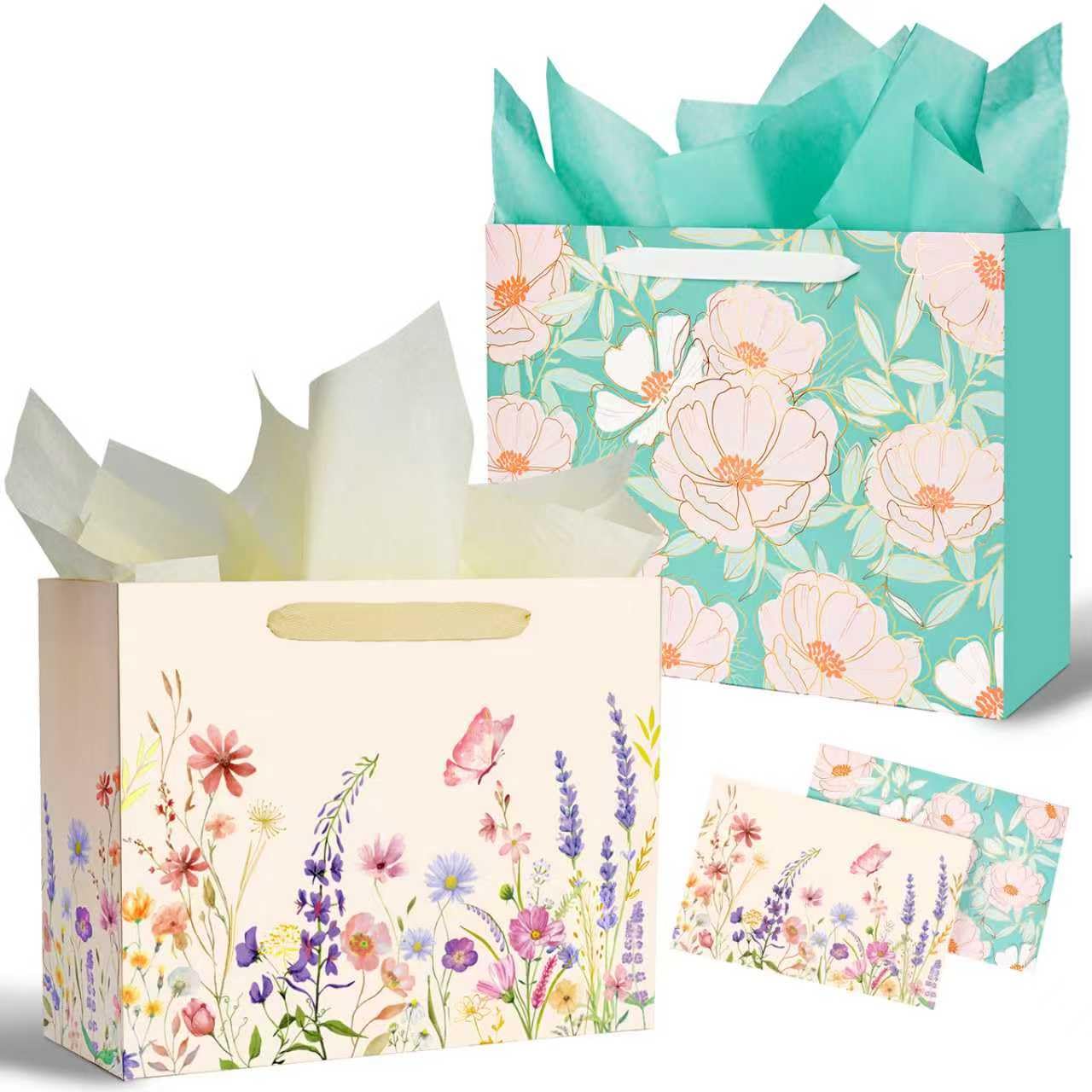 Miakutho 13" Large Gift Bag with Tissue Paper and Card (Floral Design, Gold Foil Accents), 2 Pack Paper Bags with Ribbon Handle for Girls & Women, Birthdays, Baby Shower, Weddings