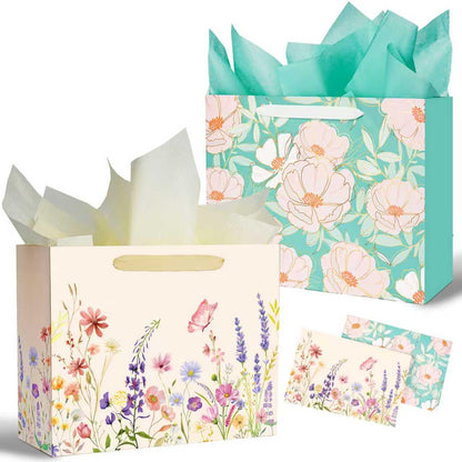 Miakutho 13" Large Gift Bag with Tissue Paper and Card (Floral Design, Gold Foil Accents), 2 Pack Paper Bags with Ribbon Handle for Girls & Women, Birthdays, Baby Shower, Weddings
