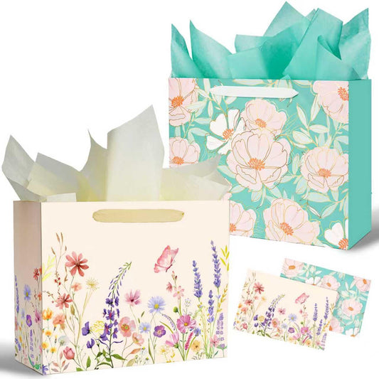 Miakutho 13" Large Gift Bag with Tissue Paper and Card (Floral Design, Gold Foil Accents), 2 Pack Paper Bags with Ribbon Handle for Girls & Women, Birthdays, Baby Shower, Weddings