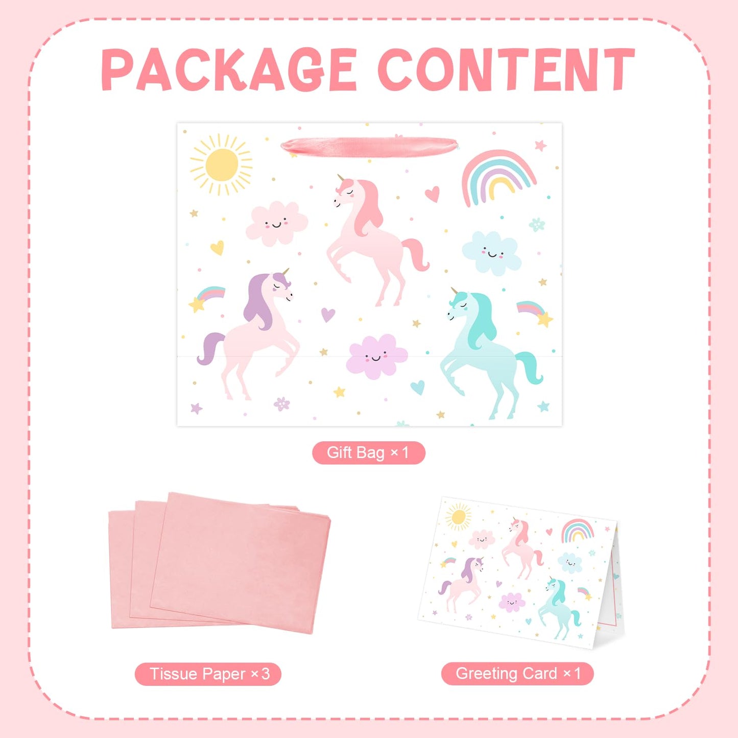 Reyoust 13" Large Magical Pastel Unicorn Happy Birthday Gift Bag with Card and Tissue Paper Rainbow Unicorn Birthday Party Decorations for Girls Kids 13" L x 10.2" H x 4.9" W