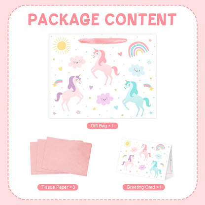 Reyoust 13" Large Magical Pastel Unicorn Happy Birthday Gift Bag with Card and Tissue Paper Rainbow Unicorn Birthday Party Decorations for Girls Kids 13" L x 10.2" H x 4.9" W