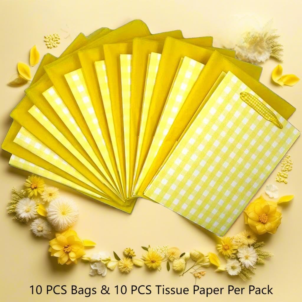 10-Pack 250g Kraft Paper Gift Bags with Checkered Pattern & Twine and tissues paper - Vintage Design, Grid Handle Bags for Wedding, Party Favors, Retail Packaging (9.1x7.1x3.9 Inches) (Yellow)