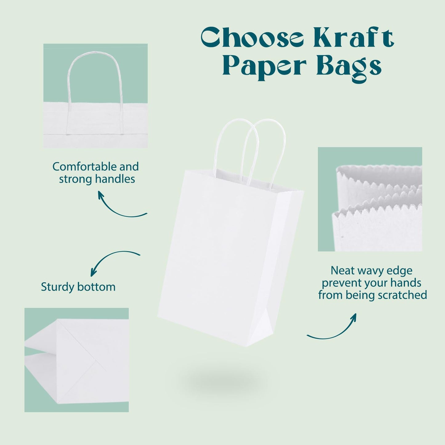 MESHA Gift Paper Bags 20Pcs 5.25 x 3.75 x 8 Inch White Small Kraft Shopping Bags Bulk with Handles, Reusable Bags for Small Business, Retail, Party Favor, Wedding, Made in USA