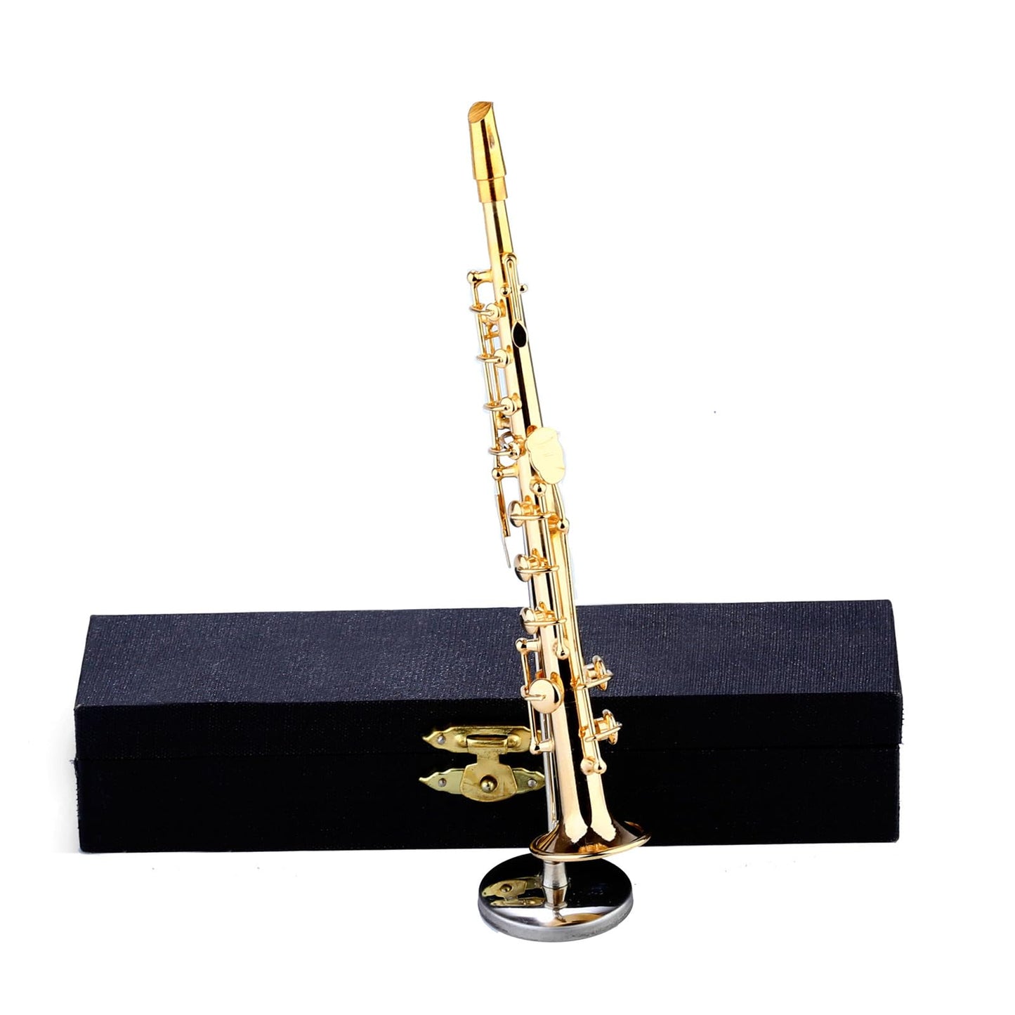 Miniature Soprano Saxophone with Stand and Case Brass Mini Musical Instrument Soprano Saxophone Replica Collectible Figurines Model Birthday Gifts Home Decoration Display Ornament (6.11")