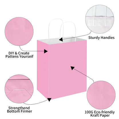 Toovip 100 Pack 8x4.75x10 Inch Medium Light Pink Kraft Paper Bags with Handles Bulk, Gift Wrap Bags for Favors Grocery Retail Party Birthday Shopping Business Goody Craft Merchandise Take Out Sacks