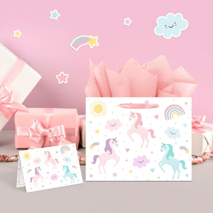 Reyoust 13" Large Magical Pastel Unicorn Happy Birthday Gift Bag with Card and Tissue Paper Rainbow Unicorn Birthday Party Decorations for Girls Kids 13" L x 10.2" H x 4.9" W