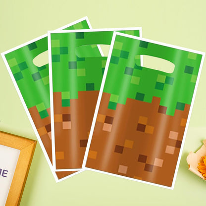 50Pcs Pixel Party Favors Bags, Video Game Goodie Bag with Handles for Birthday Party Theme Candy Treat Cookie Bags Green and Brown Video Game Theme Party Goodies Candy Snack Treat Bags