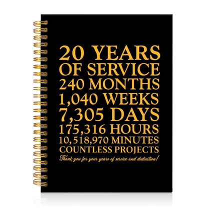 20 Years of Service Black Golden Thank You Spiral Notebook,20th Anniversary Work Commemoration, Staff Service Recognition Gifts,Thank You 20 Years Work Gifts for Coworkers