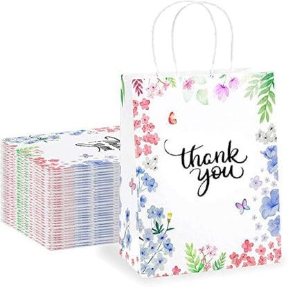 Purple Q Crafts Thank You Gift Bags 50 Pack 8" X 4" X 10" Small Paper Bags With Handles Floral Design Thank You Bags For Business, Boutique, Gifts, Wedding Favors…