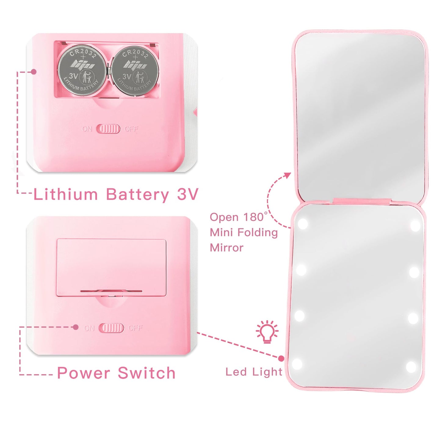 Preppy Birthday Gifts for 6 7 8 9 10 11 12 13 Year Old Girls, Cute Pearl Initial Compact Mirror with Lights Pink Small LED Pocket Makeup Mirror Teen Girls Trendy Stuff Travel Essentials (E)