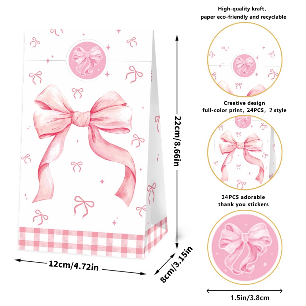 24 Pcs Pink Bow Party Paper Gifts Bags Girl Bow Birthday Party Treat Bags, Coquette Birthday Goodie Candy Bags for Bow Bridal Hot Pink Bachelorette Party Supplies(24-Bow-Bags)