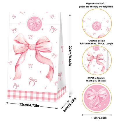 24 Pcs Pink Bow Party Paper Gifts Bags Girl Bow Birthday Party Treat Bags, Coquette Birthday Goodie Candy Bags for Bow Bridal Hot Pink Bachelorette Party Supplies(24-Bow-Bags)