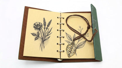 EvZ 5 Inch Mini Vintage Leather Journal, Pocket Size Refillable Loose Leaf Notebook, Retro Dark Green PU Cover with Metal Leaf Pendant, Blank Kraft Paper Small Travel Diary & Sketchbook