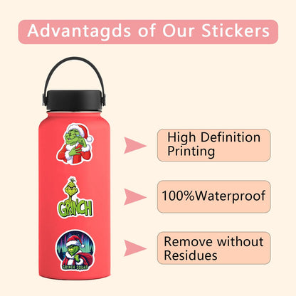 55pcs Christmas Grinches Popular Stickers for Kids, Children's Cartoon Sticker for Water Bottle,Laptop,Waterproof Vinyl Decals for Teens Girls Boys (Green-B)