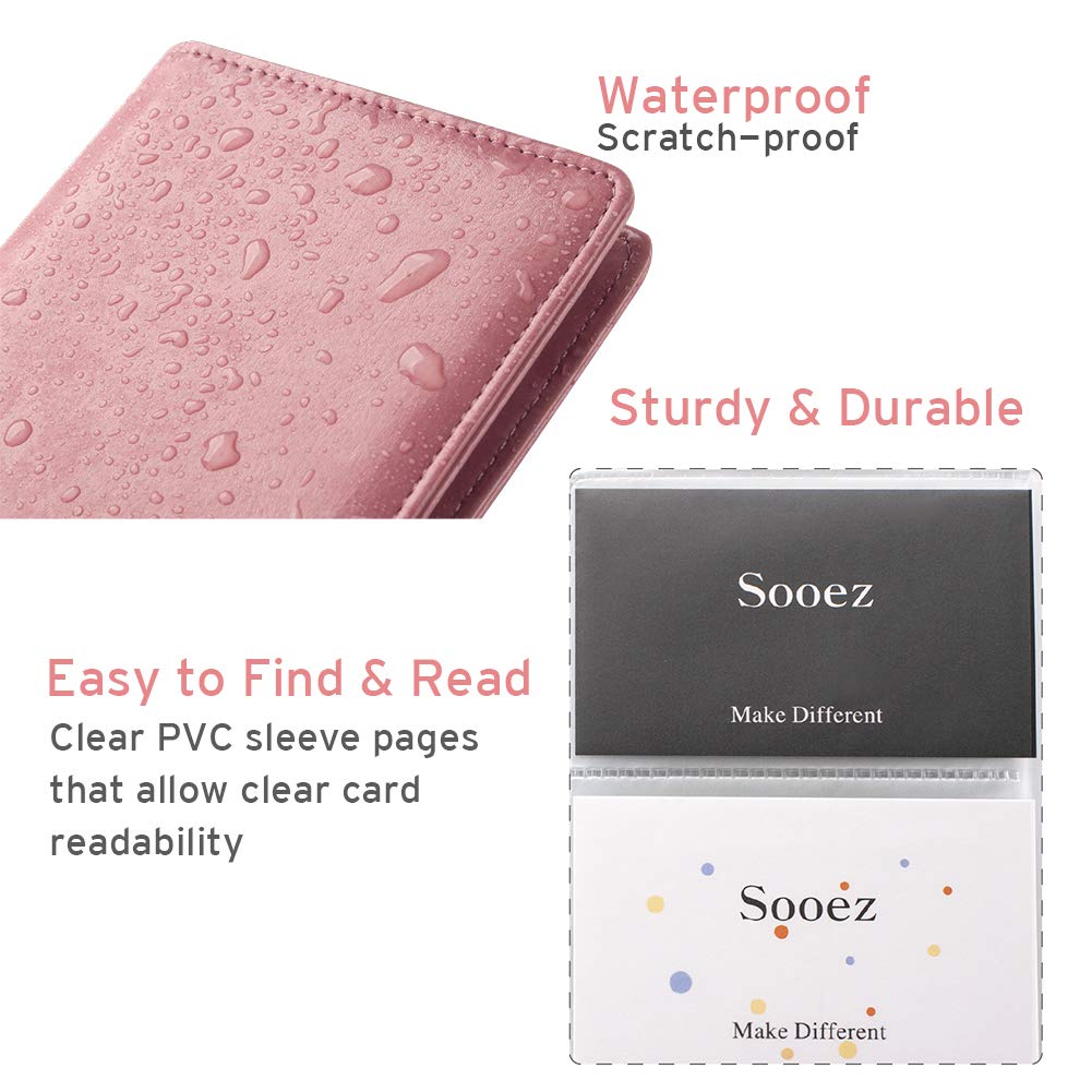 Sooez Leather Professional Business Card Holder Organizer, 240 Card Capacity PU Name Credit Cards Booklet (Pink)