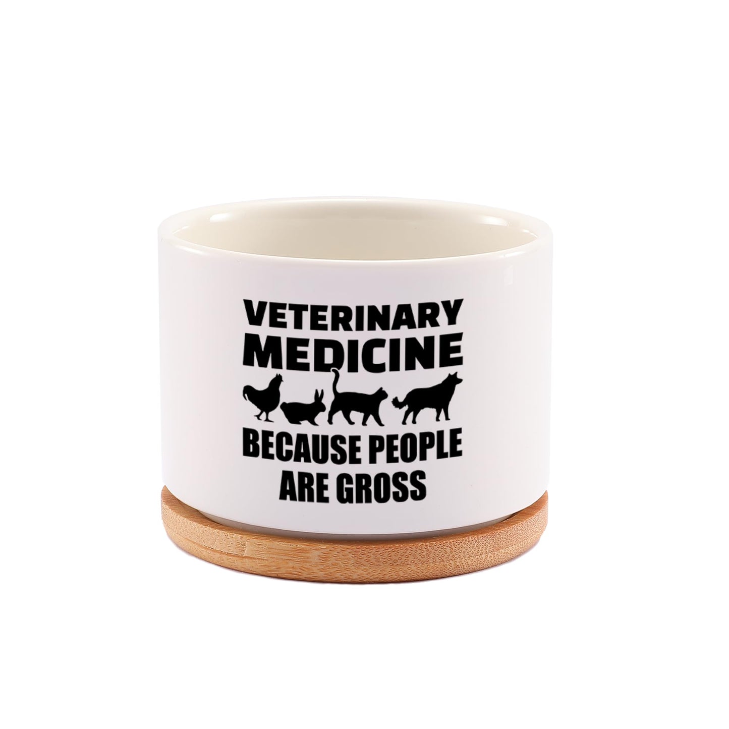 Veterinary Medicine Because People Are Gross Veterinarian Gifts Ceramic Succulent Plant Pot with Bamboo Tray Round Gift To Vet Animal Doctor Pet Lover Home Decor Plant Lover 3.5 Inch White (No Plants)