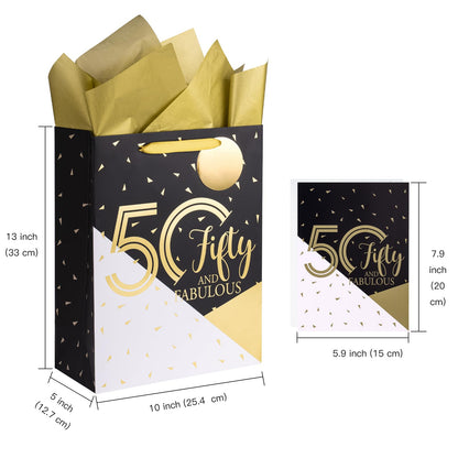 WRAPAHOLIC 13" Large 50th Birthday Gift Bag with Card and Tissue Paper - 50 Fifty and Fabulous
