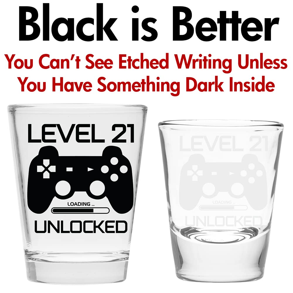 Make Em Laugh Level 21 Unlocked Shot Glass – Funny 21st Birthday Shot Glass for Him or Her – Celebrate Turning Twenty-One with Party Supplies and Drinking Gifts for Men and Women