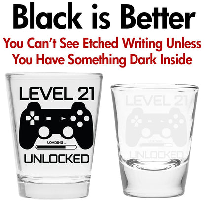 Make Em Laugh Level 21 Unlocked Shot Glass – Funny 21st Birthday Shot Glass for Him or Her – Celebrate Turning Twenty-One with Party Supplies and Drinking Gifts for Men and Women
