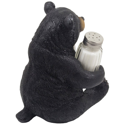 Decorative Black Bear Glass Salt and Pepper Shaker Set with Holder Figurine Sculpture for Rustic Lodge and Cabin Kitchen Table Decor Centerpieces & Spice Rack Decorations or Teddy Bear Gifts