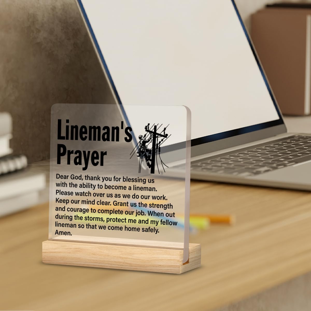 Lineman Gifts, Graduation Gift for Line Worker, Lineman Prayer Clear Desk Decorative Sign Home Office Acrylic Decor