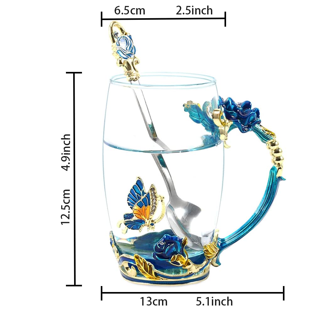 Birthday Gifts For Women,Butterfly Flower Glass Tea Cup Sky Blue Rose Coffee Mug Gift For Women Mom Wife Sister Coworker Female Friend on Christmas Anniversary Valentines Mothers Day Presents