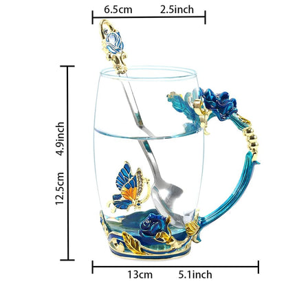 Birthday Gifts For Women,Butterfly Flower Glass Tea Cup Sky Blue Rose Coffee Mug Gift For Women Mom Wife Sister Coworker Female Friend on Christmas Anniversary Valentines Mothers Day Presents