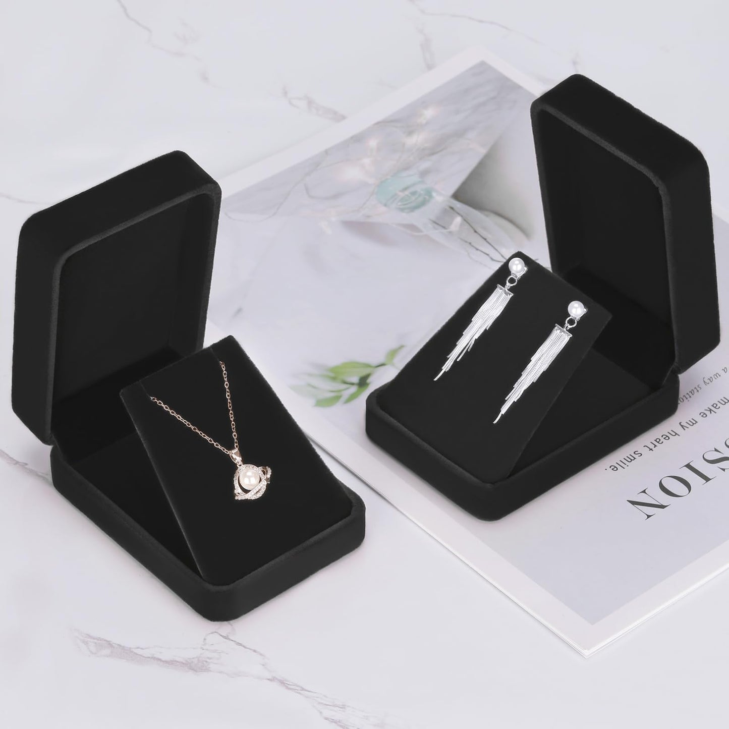 LETURE 2 Pieces Velvet Jewelry Gift Boxes for Necklace Pendant Earring Bracelet, Small Jewelry Storage Display Case for Christmas Wedding Engagement Birthday Anniversary (Black)