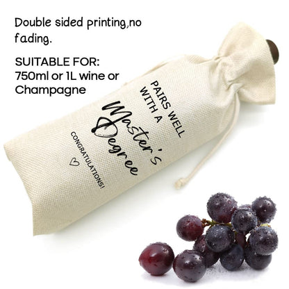 Master's Degree Gift Wine Bag, Graduation Wine Gift Bags, Funny Graduation Gift, Party Supplies, Class of 2025, Party Favors, Drawstring Wine Bag - Pairs Well With a Master's Degree