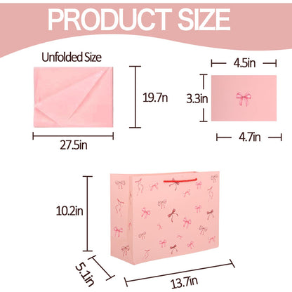 Pandecor 13" Large Birthday Pink Bow Paper Gift Bag with Card and Tissue Paper for Friends Birthday,Wedding Bridal Baby Shower Anniversaries