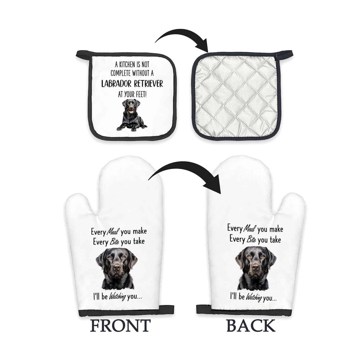 Black Lab Gifts Dog Oven Mitts and Pot Holders Sets, Black Labrador Dog Decor Kitchen Accessories Sets, Complete Without a Labrador Retriever Heat Resistant Oven Glove Potholders for Kitchen