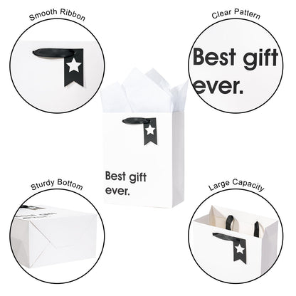 Loveinside Christmas Medium Size Gift Bags Set, Funny Quirky Design with Bold Black Text Pattern with Tissue Paper Perfect for Shopping, Parties, Birthday, Holiday, 4 Pack, 7" X 4" X 9"