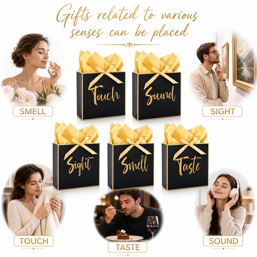 Large 5 Senses Gift Bags for Him Her, Gold Foil Sight Smell Touch Taste Sound Gift Bags,Five Senses Gift Bag for Him with Handles and Tissue Paper for Birthday, Mothers Day, Anniversary, Christmas12 x 10 x 4 Inch (Black)