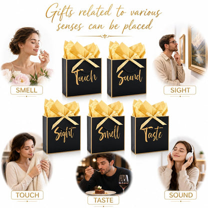 Large 5 Senses Gift Bags for Him Her, Gold Foil Sight Smell Touch Taste Sound Gift Bags,Five Senses Gift Bag for Him with Handles and Tissue Paper for Birthday, Mothers Day, Anniversary, Christmas12 x 10 x 4 Inch (Black)