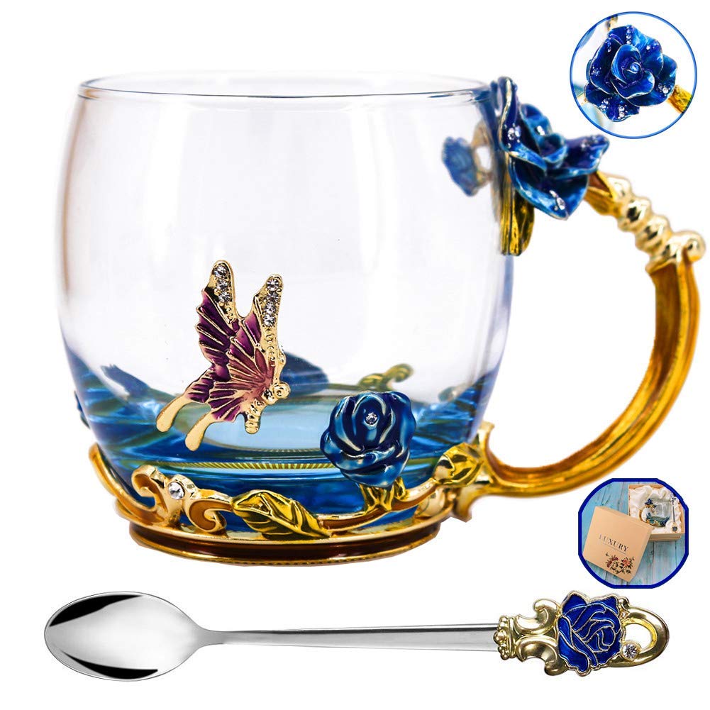 Luka Tech Enamels Butterfly flower Lead-free Glass Coffee Mugs Tea Cup with Steel Spoon, personalised Gifts For Women Wife Mom Friends Birthday Mothers Valentines Day Wedding (Blue)