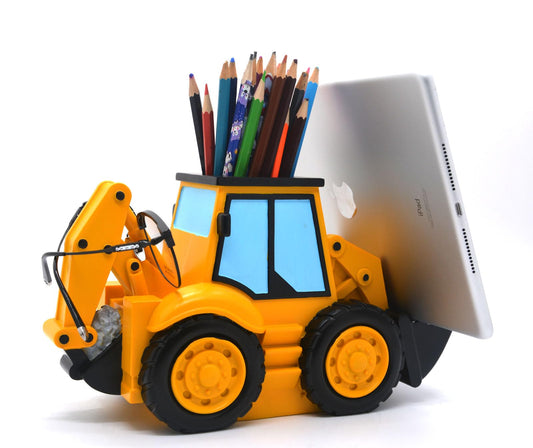 Large Excavator Pencil Holder with Phone Stand - Tablet PC Holder for Desk - Office Decor & Home Office School Desk Decor - Excavator Gifts