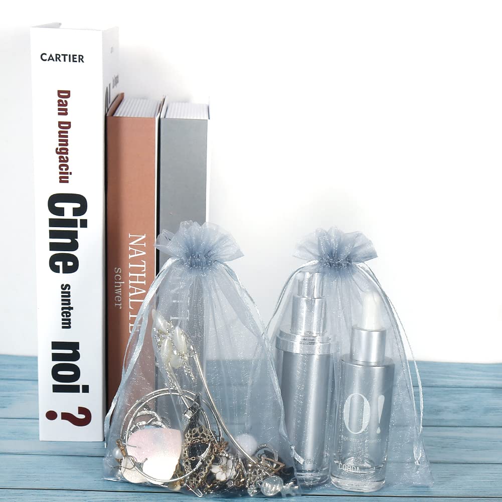 HRX Package 100pcs Organza Bags Silver Gray, 5x7 inch Mesh Drawstring Gift Bags Jewelry Pouches for Christmas Candy Party Favor