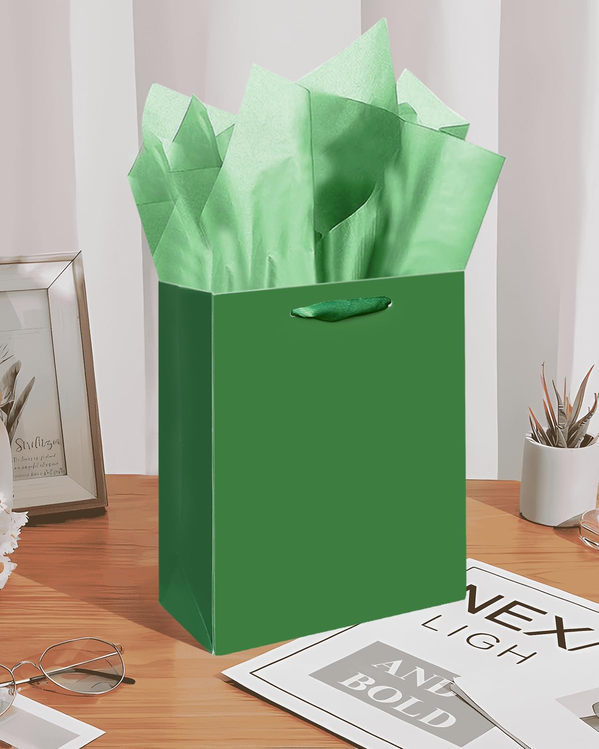 Gcardist Dark Green Gift Bags with Tissue Paper for Wedding, Birthday, Party Supplies-7.9"x4.3"x9.6" Medium Size Cardboard Gift Bags（5pcs Bags + Tissue Paper ）