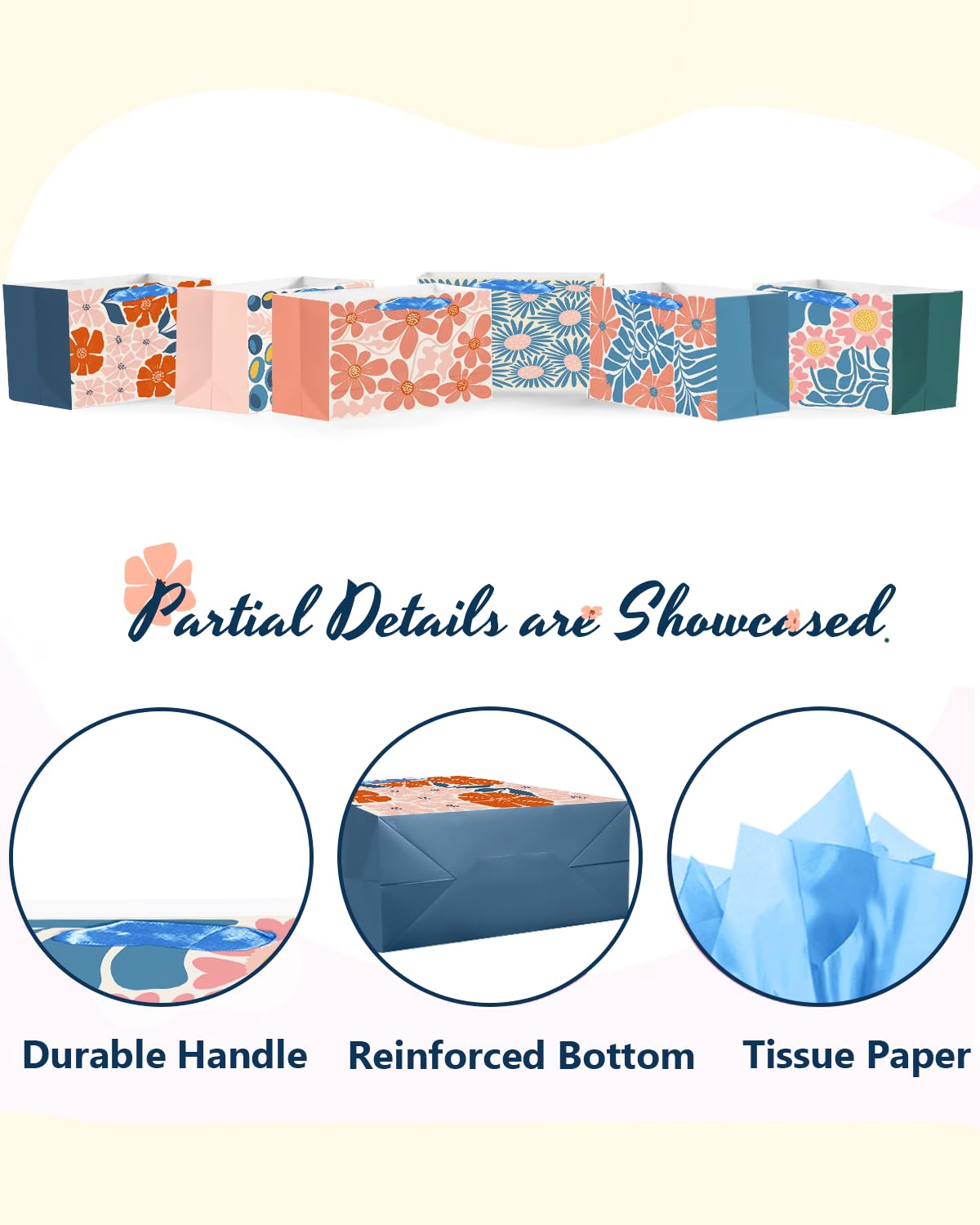 qiqee Medium Paper Gift Bags with Tissue Paper Handles 6PCS Winter Flowers Cardboard Floral Gift Bags for Women Mom Grandma Party Supply (6PCS Bags+Tissue Paper)