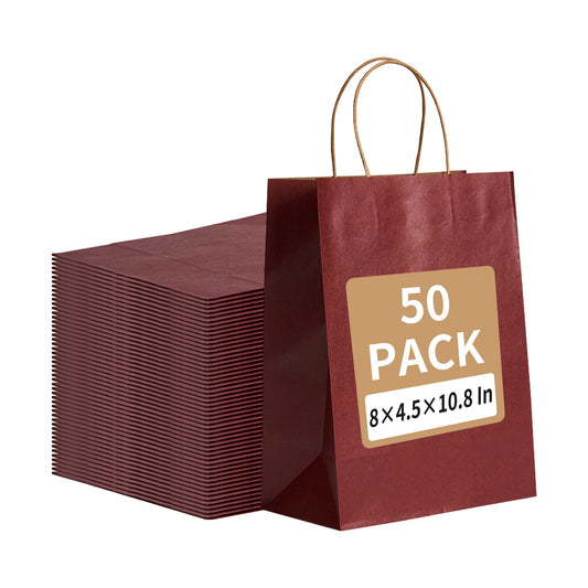 RACETOP 50 Pack 8x4.5x10.8 Inch Medium Red Kraft Paper Bags with Handles Bulk, Gift Bags, Shopping Bag for Boutique, Wedding Party Favor, Merchandise, Retail, Small Business