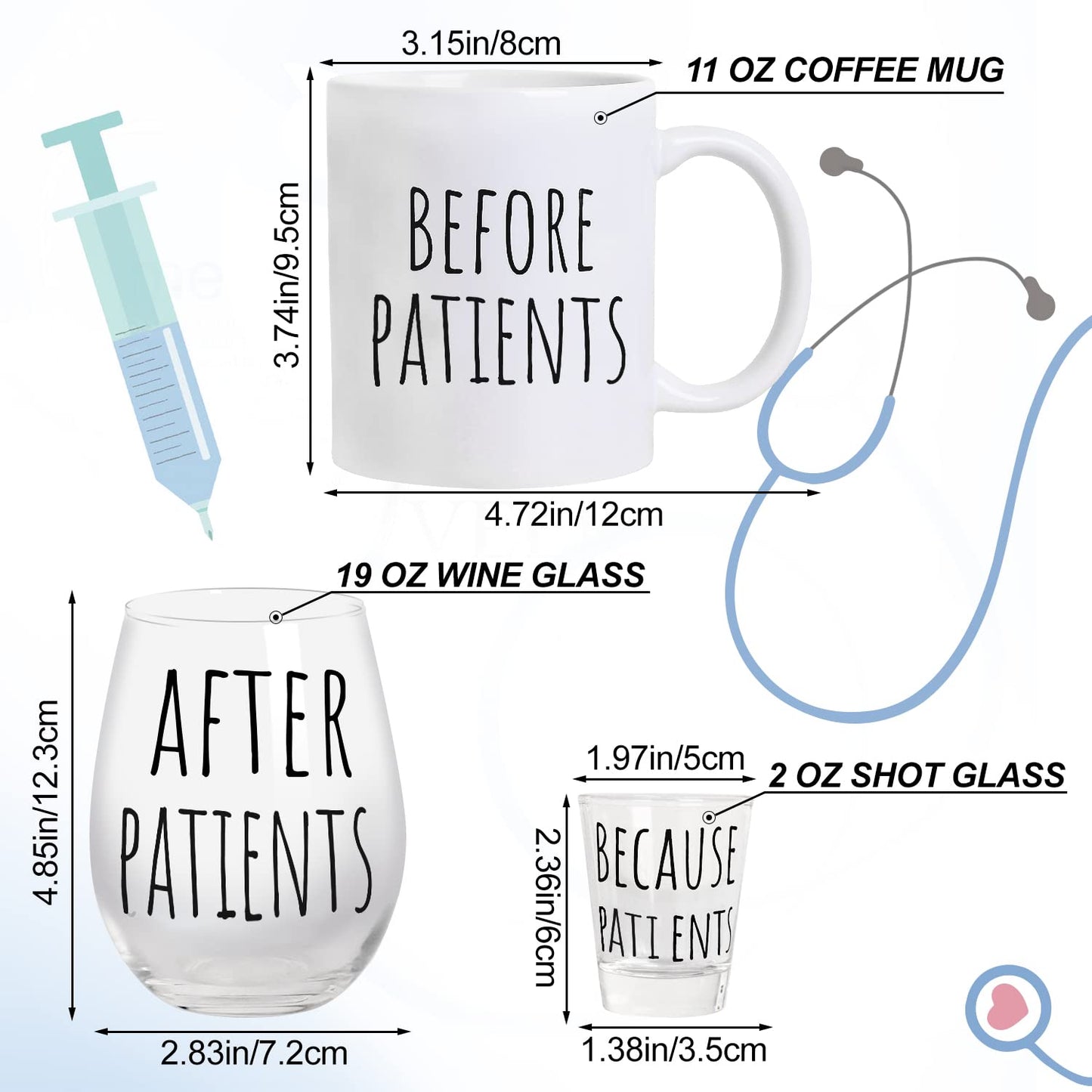 Frerdui Before Patients After Patients Gifts Set - 11oz Coffee Mug and 19oz Wine Glass Set Gift Idea for Dentists, Doctors, Hygienists, Assistants, Physician, Nurse Gift for women