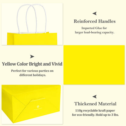BagDream 5.25x3x8 Inch 100Pcs Yellow Gift Bags with Handles Small Kraft Paper Bags Bulk for Welcome Party Favors, Baby Shower, Goody, Treat, Retail, Grocery Paper Sacks